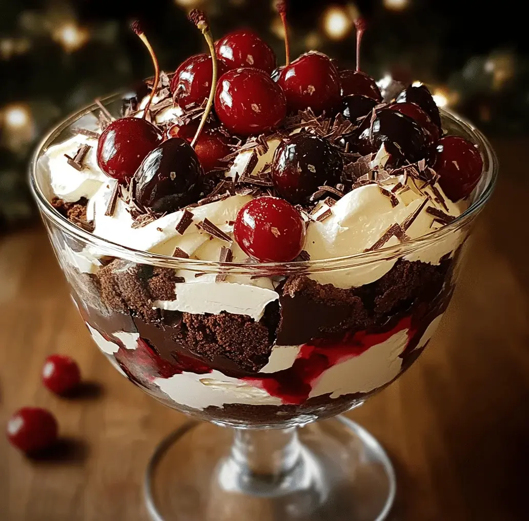 Decadent Black Forest Trifle layers in a glass bowl