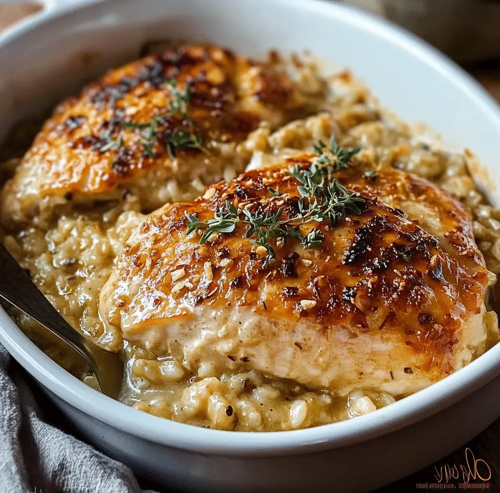 Creamy chicken and rice casserole in a baking dish, ready to be served.
