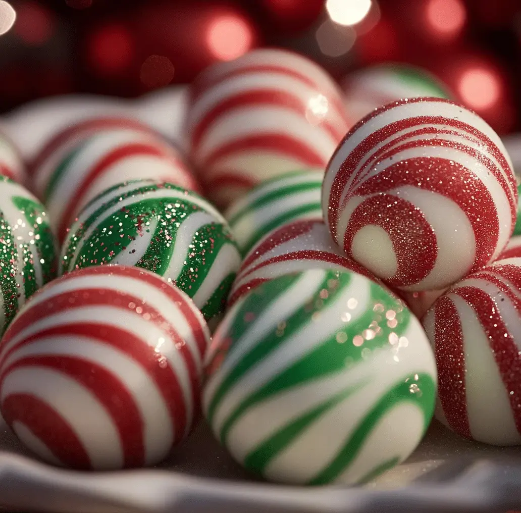 A bowl of soft peppermint balls with a creamy texture, some coated in crushed candy canes.