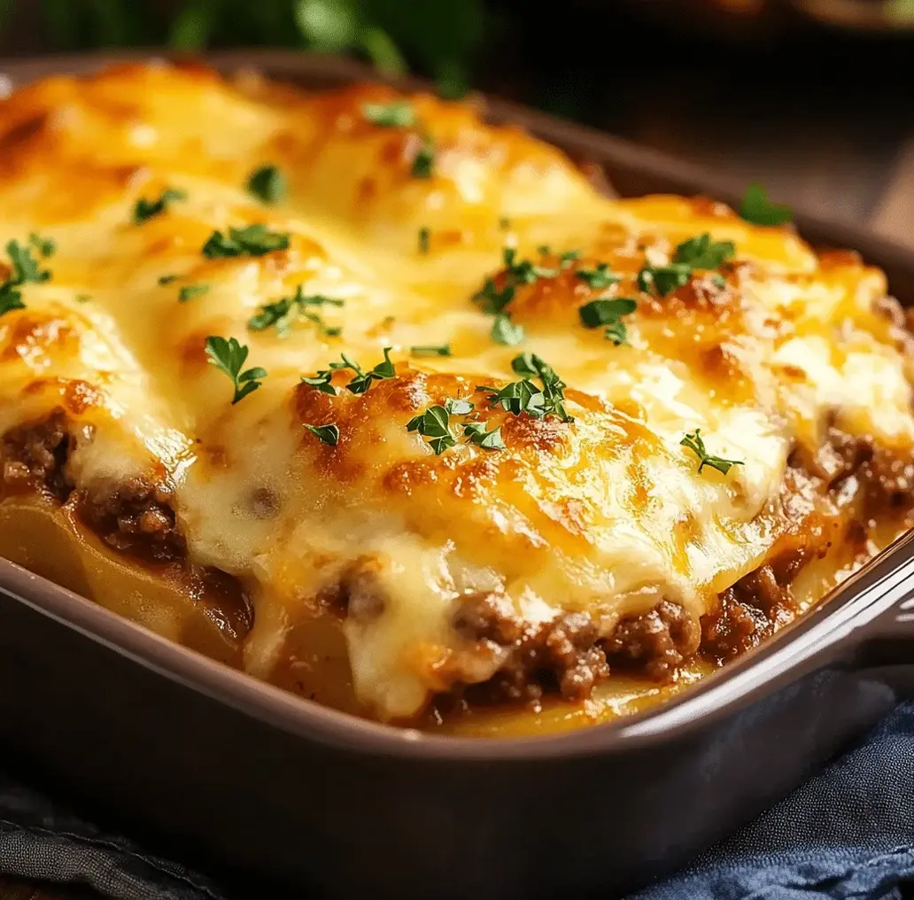 Cheesy Beef and Potato Casserole Delight - Close up of a slice showing layers.