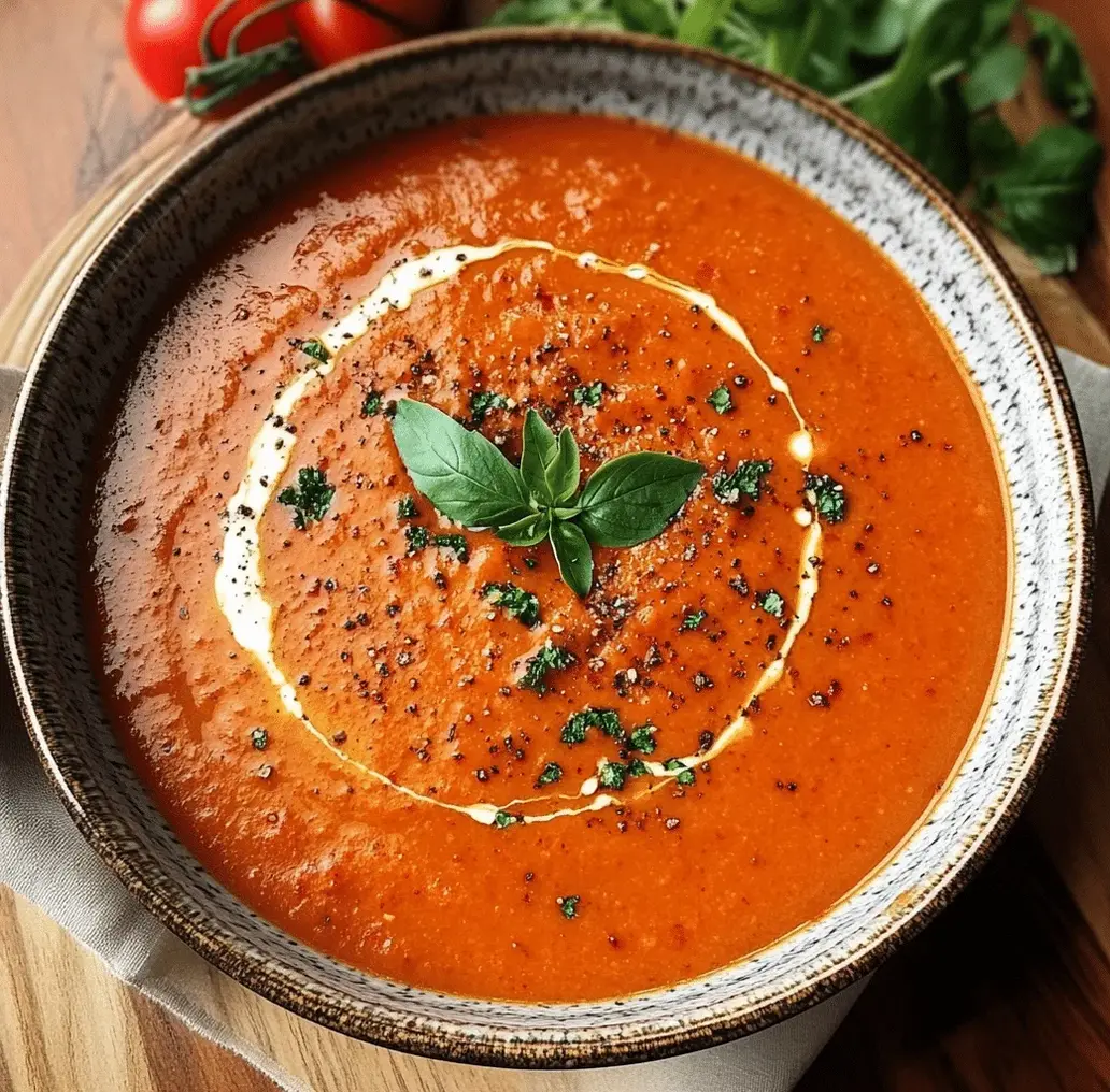 Bowl of roasted red pepper soup with swirl of cream and basil garnish.