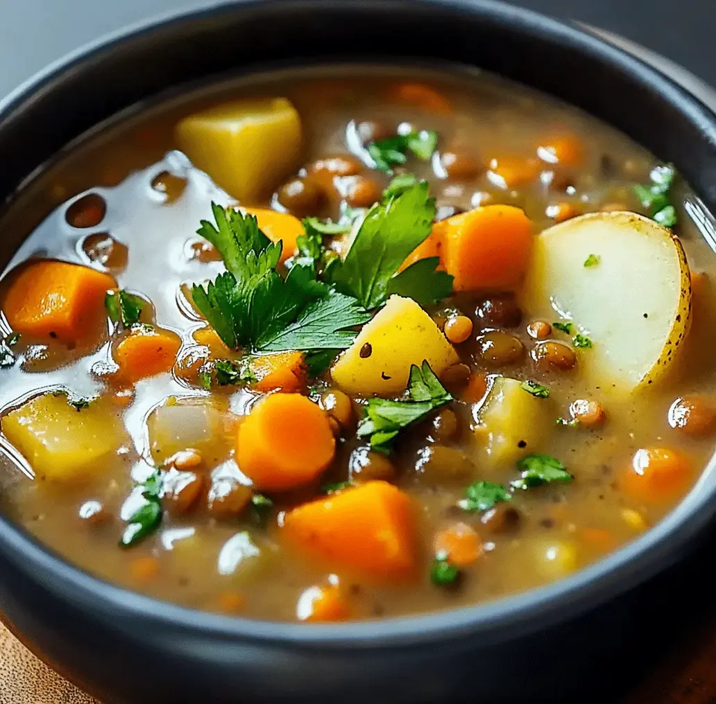 Close-up of hearty lentil and potato soup with diced vegetables.