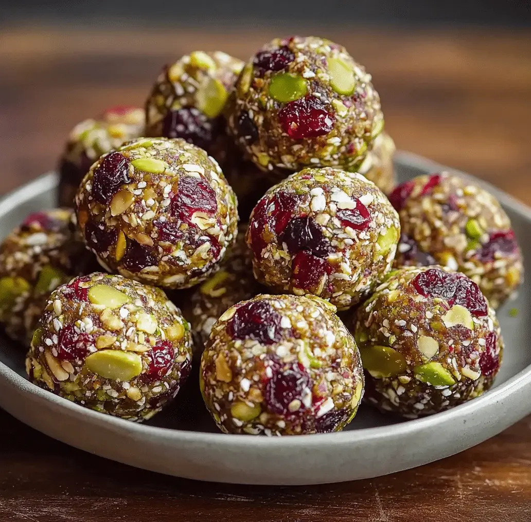 Close-up of Cranberry Pistachio Energy Bites ingredients laid out on a wooden surface, featuring rolled oats, dried cranberries, chopped pistachios, almond butter, honey, and chia seeds.