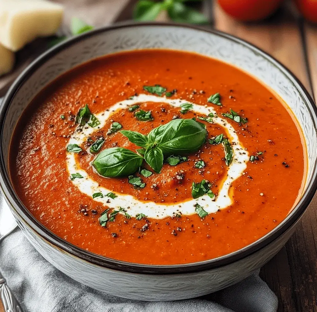 Ingredients laid out for roasted red pepper soup: peppers, onion, garlic, broth.