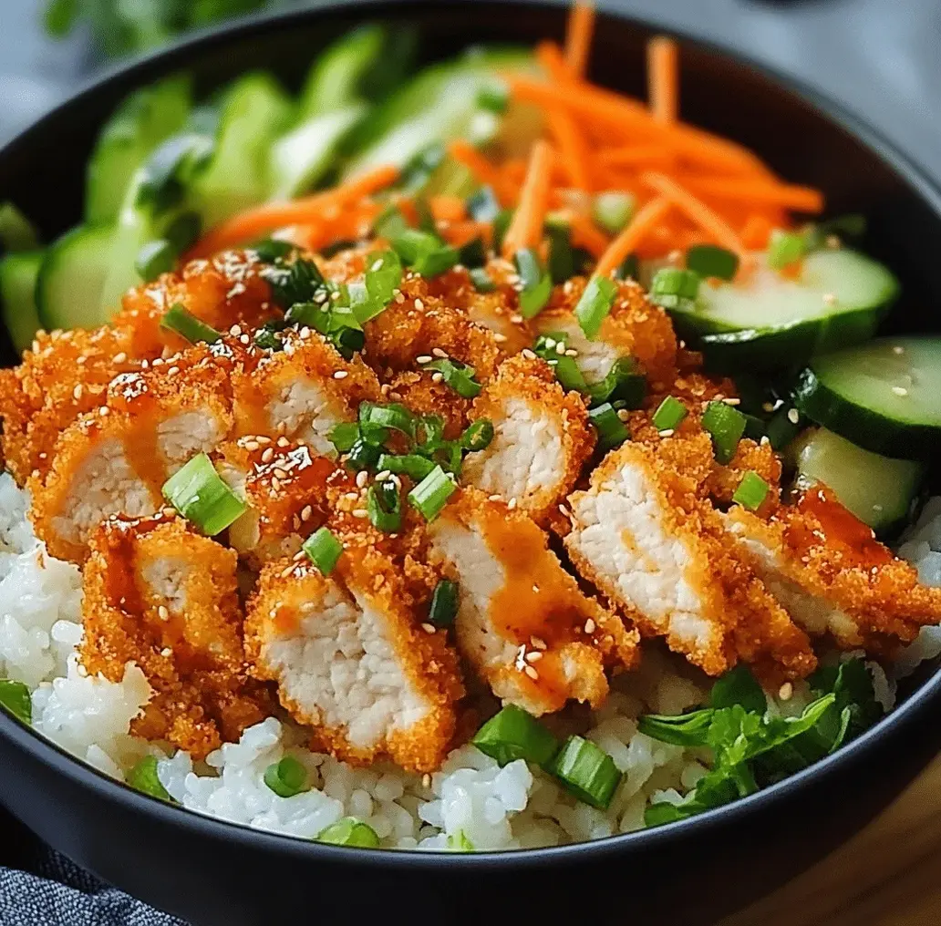 A close-up of a Bang Bang Chicken Bowl, showing the creamy sauce coating the chicken and fresh toppings.