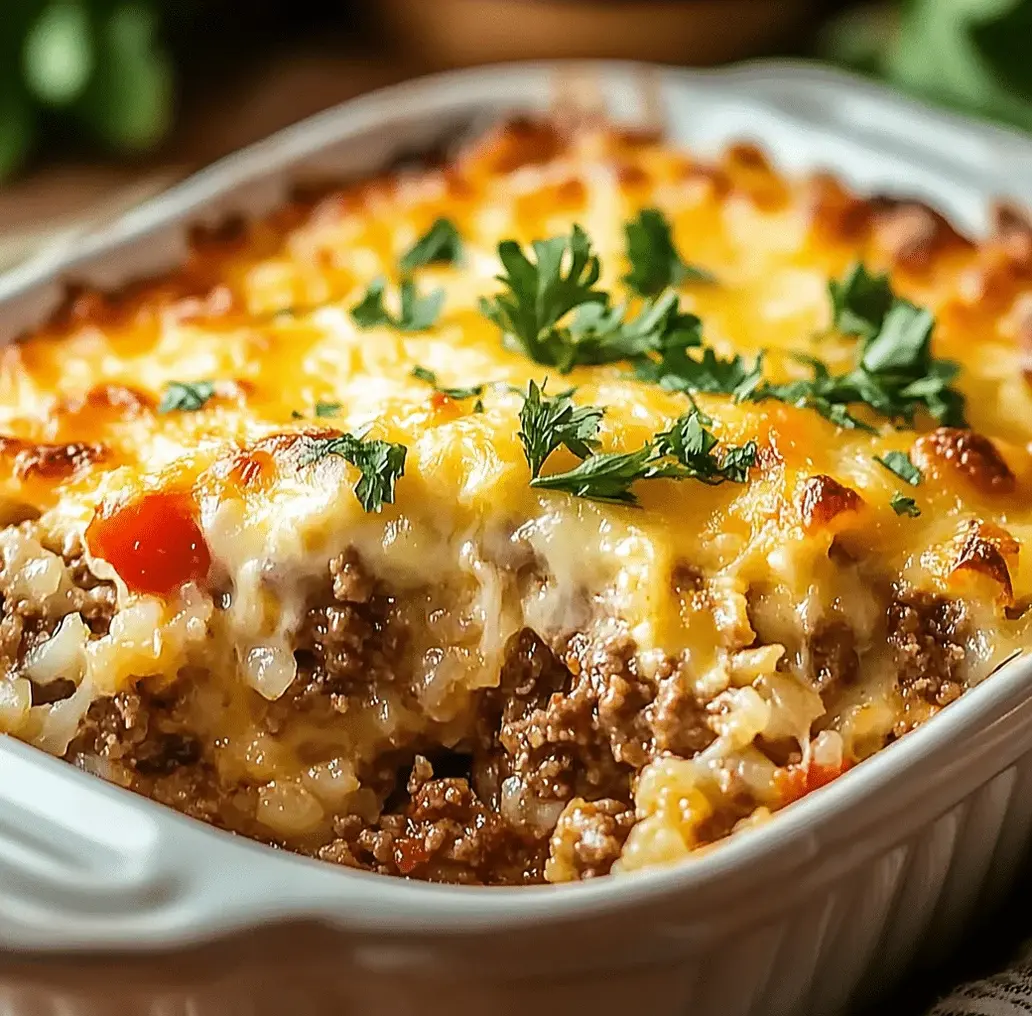 Savory beef and rice casserole in a baking dish, golden brown and bubbly.