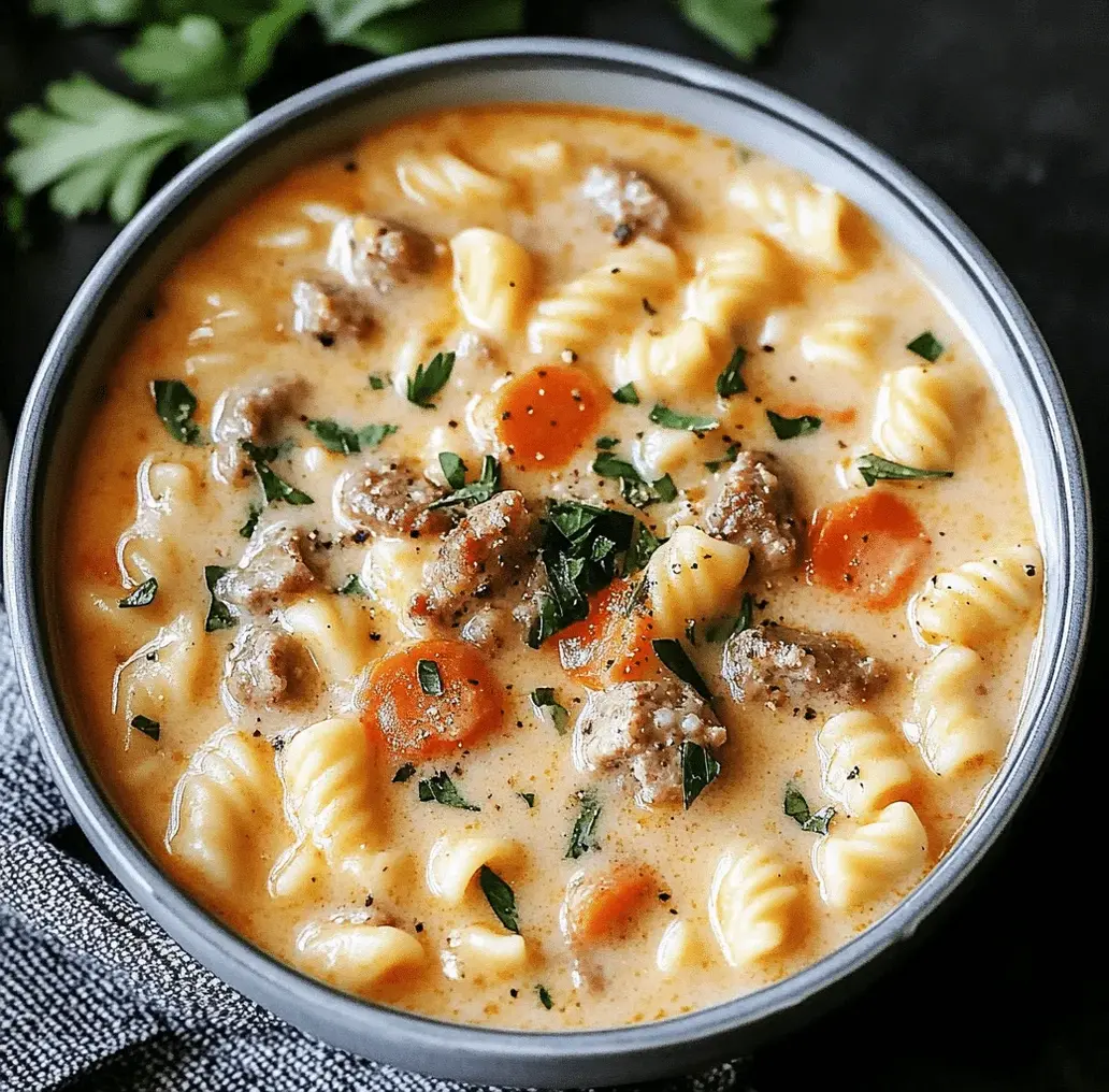 A close-up of ditalini pasta in the creamy Italian sausage soup.
