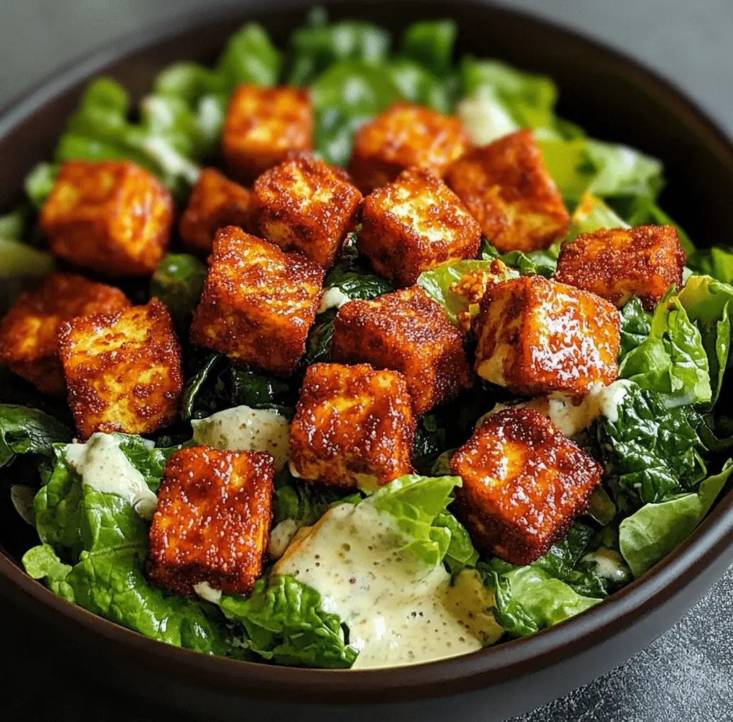 A bowl of creamy Caesar salad topped with crispy buffalo tofu.
