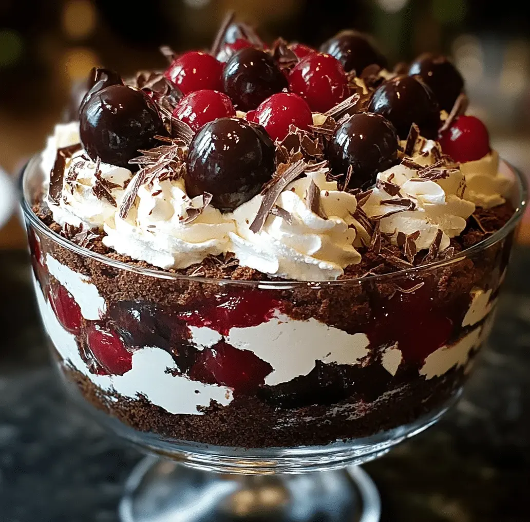 Close-up of a Black Forest Trifle serving in a glass bowl