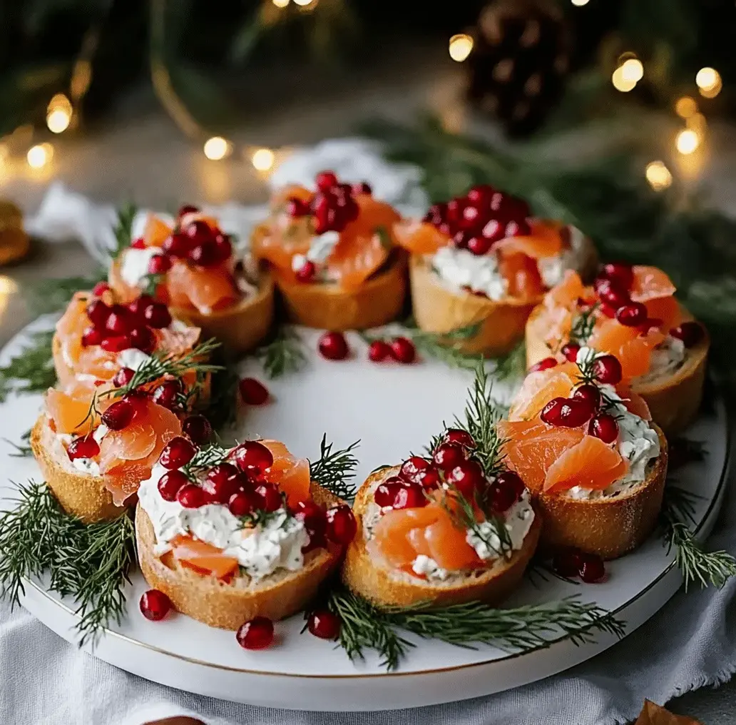 Christmas Smoked Salmon Bruschetta Wreath assembled on a serving platter.