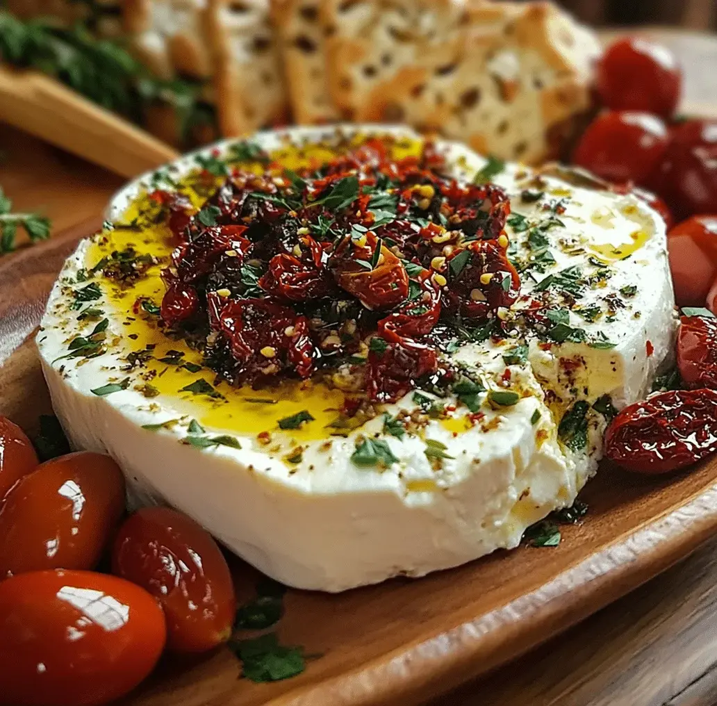 Delicious Baked Feta with Olives and Sun-Dried Tomatoes in a baking dish