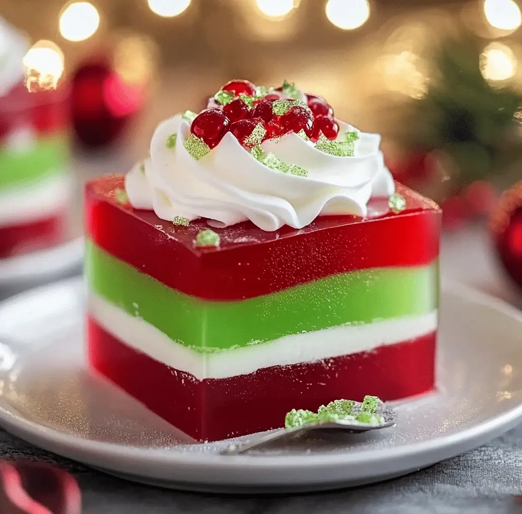 A festive layered Christmas jello dessert with red, green, and white layers arranged in a glass dish.