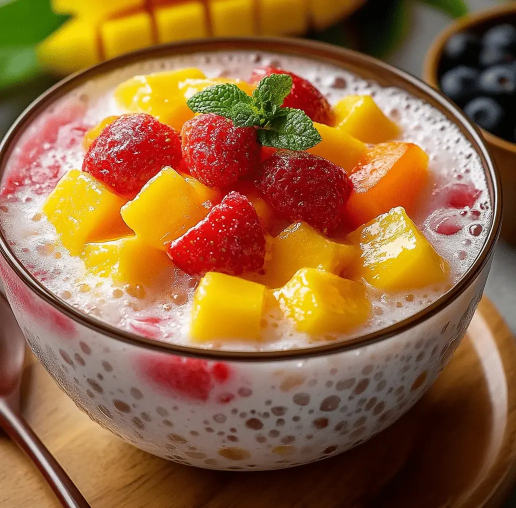 Close-up of a glass of Strawberry Mango Sago dessert, showing the distinct layers and the chewy sago pearls.