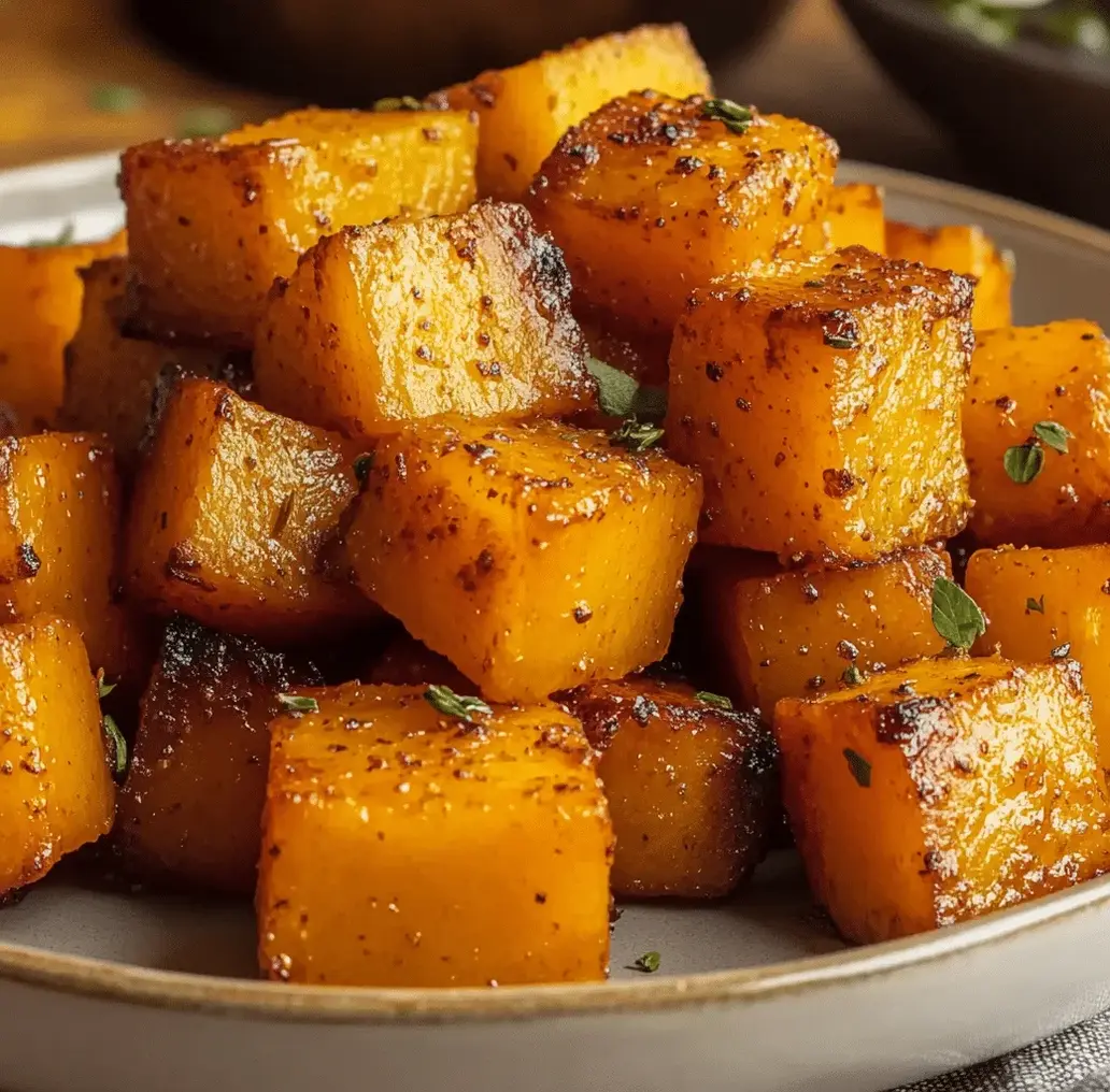 Close-up of roasted butternut squash cubes with herbs