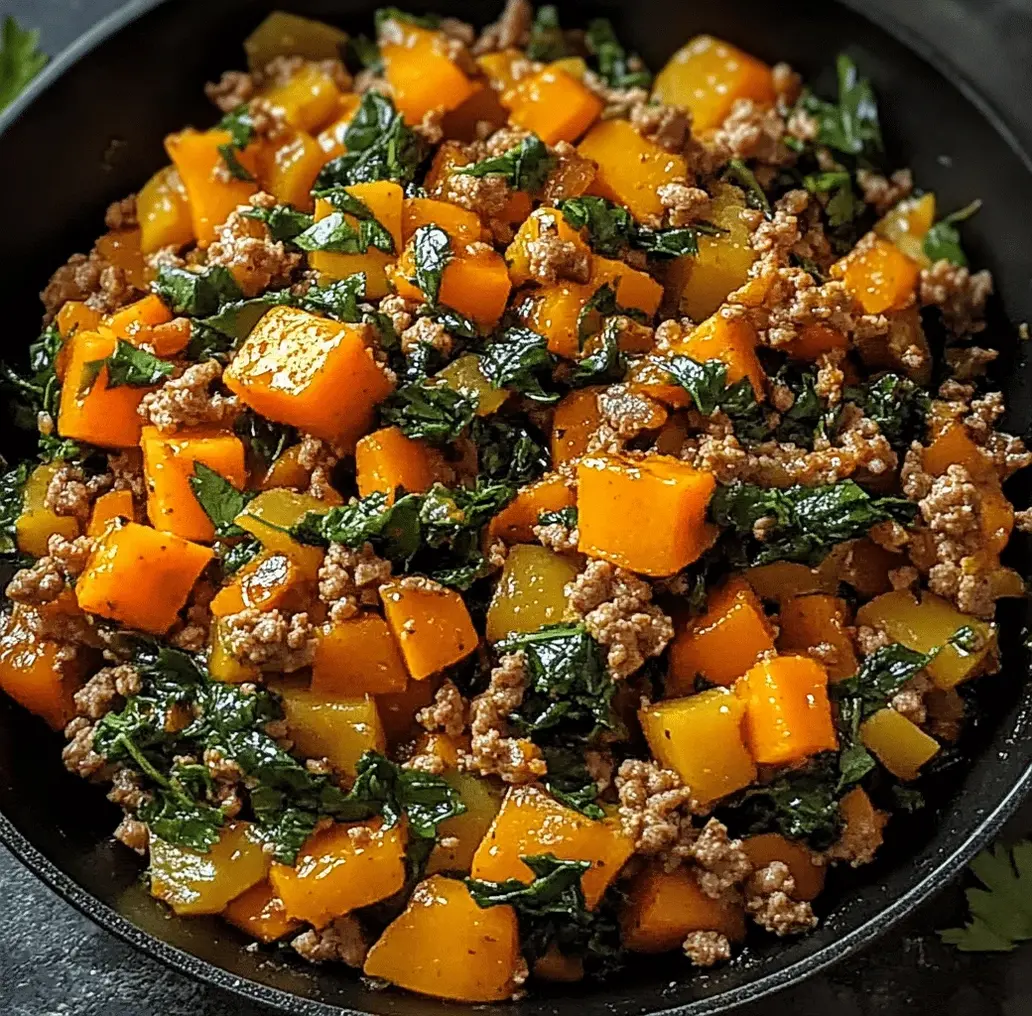 Close-up shot of the turkey sweet potato skillet, highlighting the tenderness of sweet potatoes and the savory ground turkey, ready to be served.