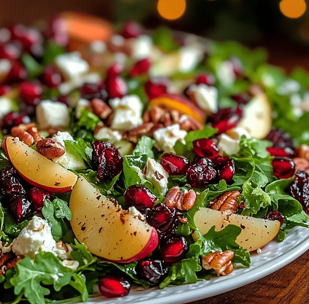 A festive salad with pears, pomegranate seeds, feta, and pecans on a bed of greens, drizzled with balsamic glaze.