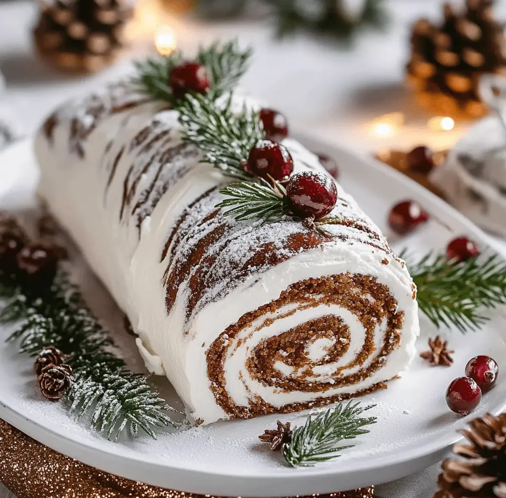 Decorated Gingerbread Yule Log on a festive platter