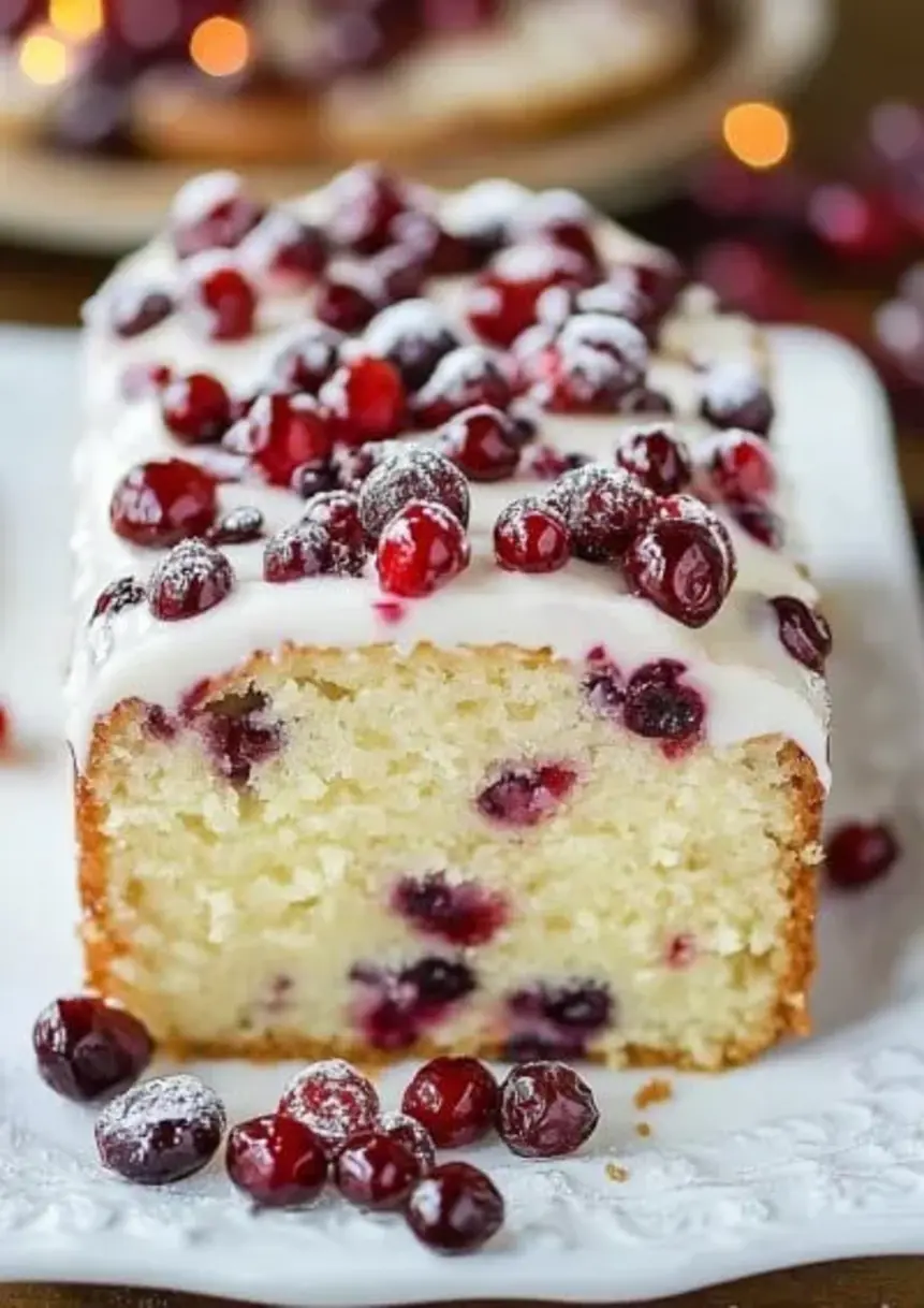 Festive cranberry pound cake with cheesecake swirls and maraschino cherries.