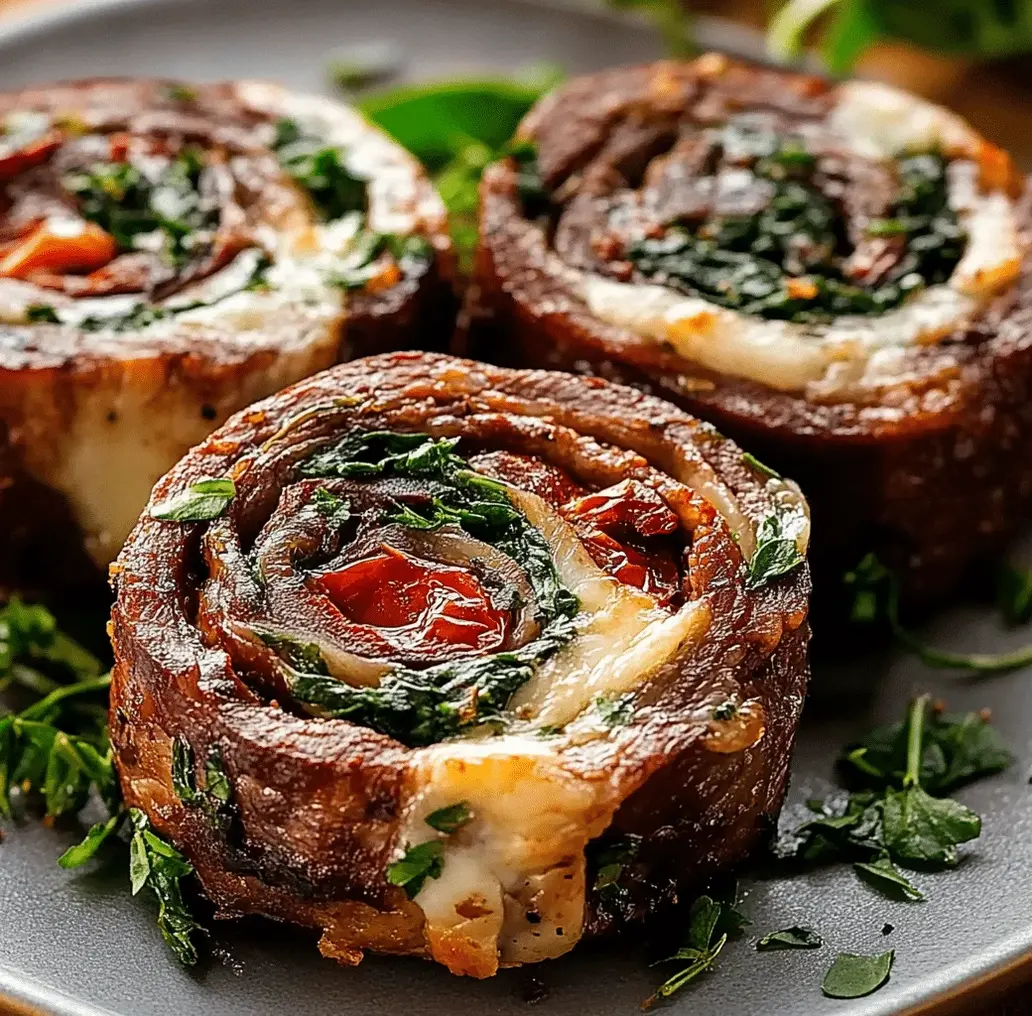 Cooked Flank Steak Pinwheels sliced and ready to serve