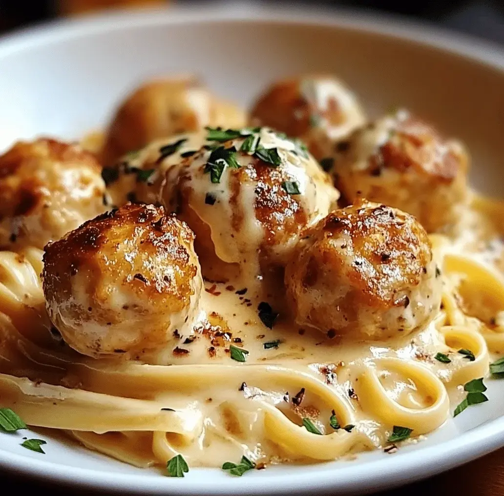 Garlic Butter Chicken Balls with Creamy Parmesan Pasta - final plated dish