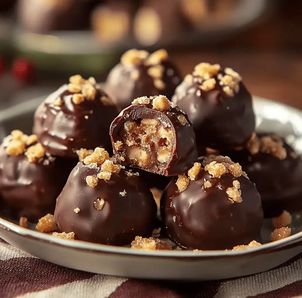 A plate of finished no-bake Butterfinger balls, some dipped in chocolate, some drizzled.